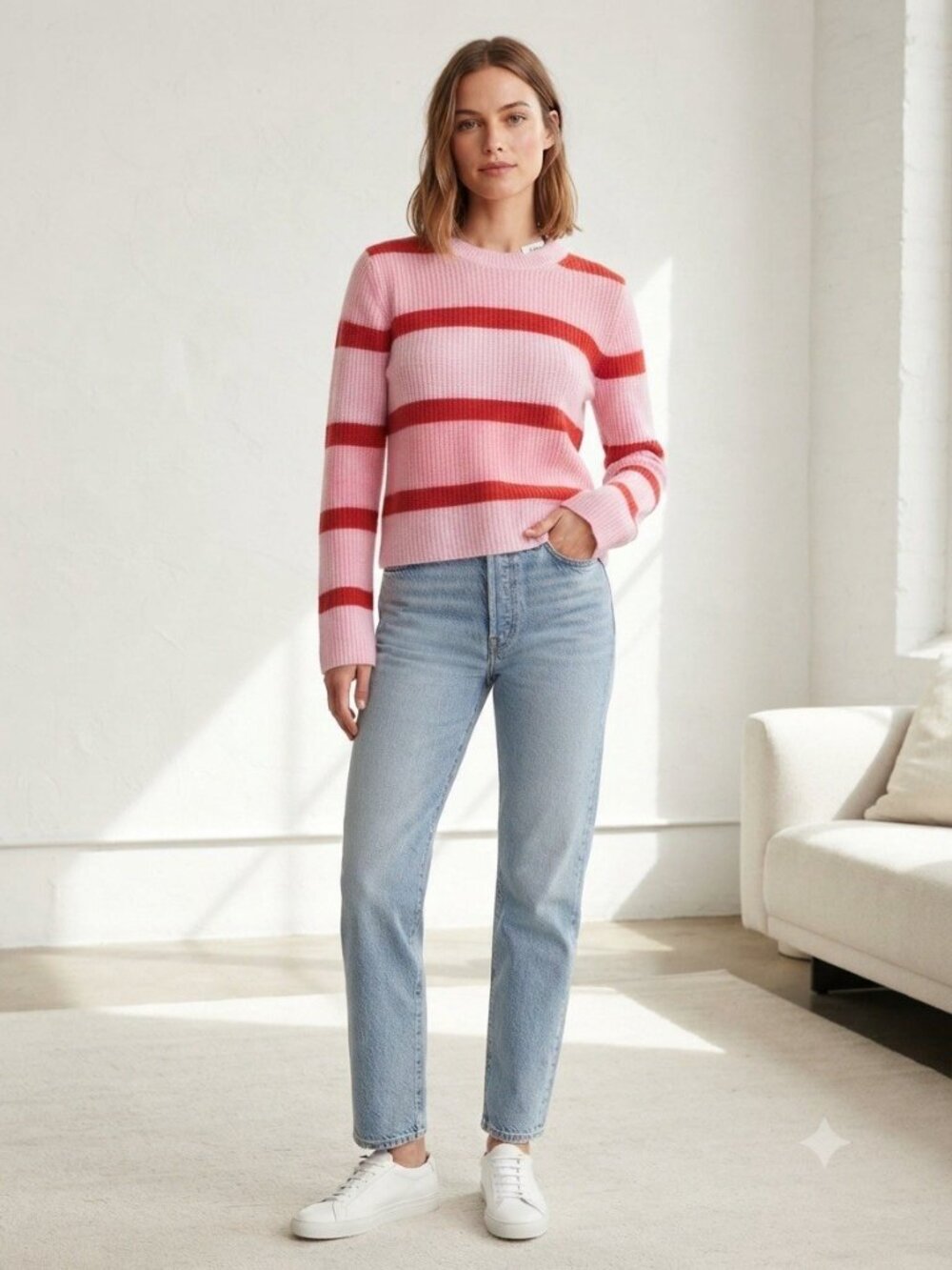 La Ligne Bold Tonal Stripe Wool Cashmere Sweater Womens Large Pink Red